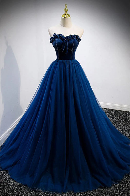 Robe de bal longue élégante en velours et tulle bleu, coupe trapèze, sans bretelles, ED01460