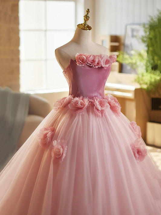 Robe de bal longue rose trapèze en tulle et velours, sans bretelles, robe princesse Sweet 16 ED01463