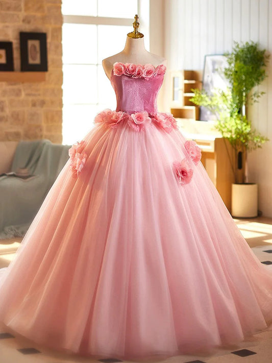 Robe de bal longue rose trapèze en tulle et velours, sans bretelles, robe princesse Sweet 16 ED01463