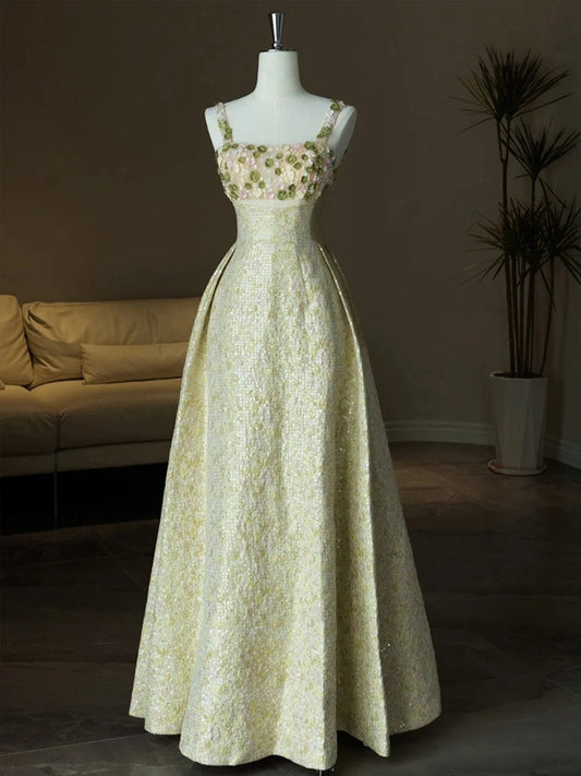 Robe de bal longue en satin coloré à bretelles spaghetti et paillettes ED01464