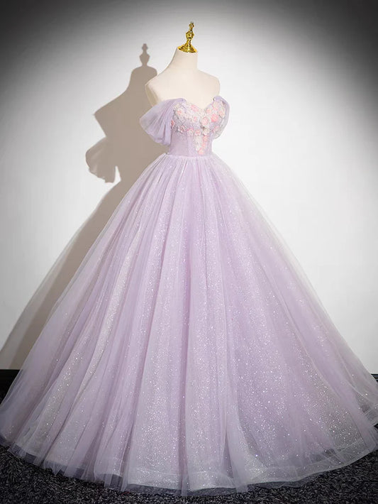 Robe de bal trapèze scintillante en tulle, épaules dénudées, appliques florales, longue, ED01468