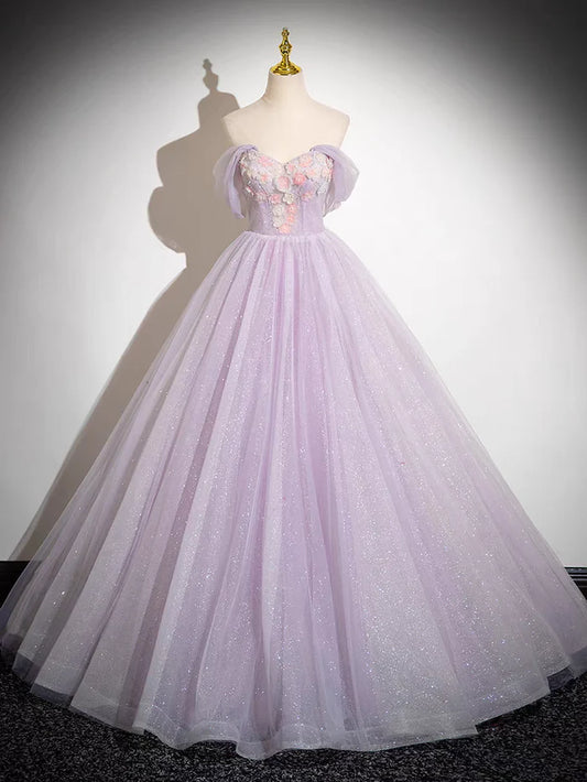 Robe de bal trapèze scintillante en tulle, épaules dénudées, appliques florales, longue, ED01468