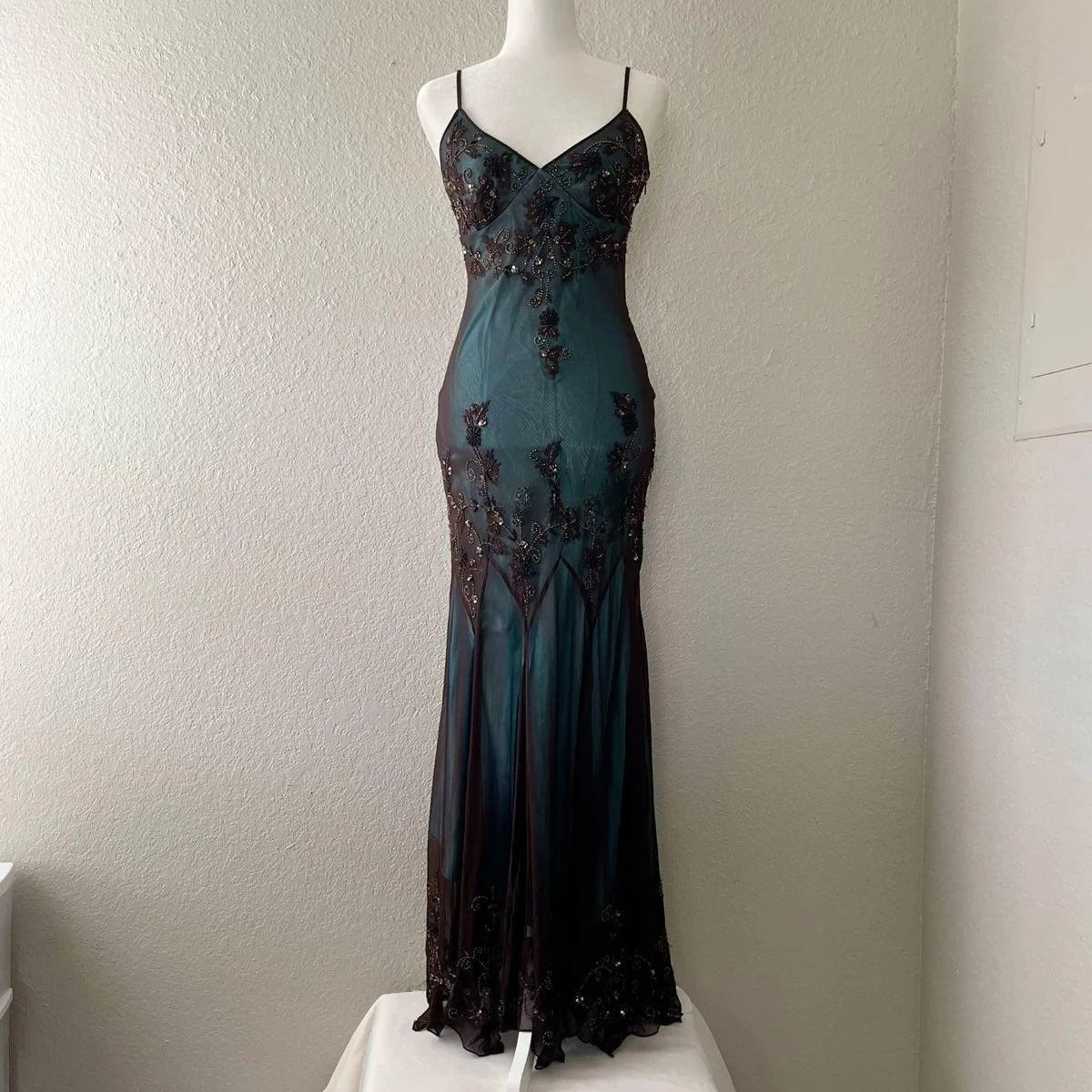 Blue Satin Brown Chiffon Spaghetti Straps Beaded Backless Long Prom Dress