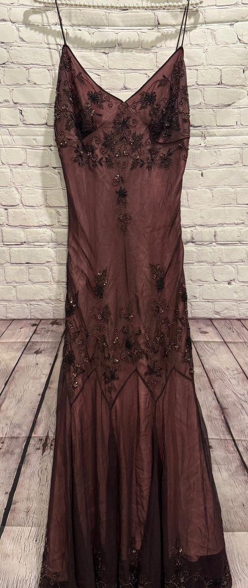 Reddish Brown Satin Brown Chiffon Spaghetti Straps Beaded Backless Long Prom Dress