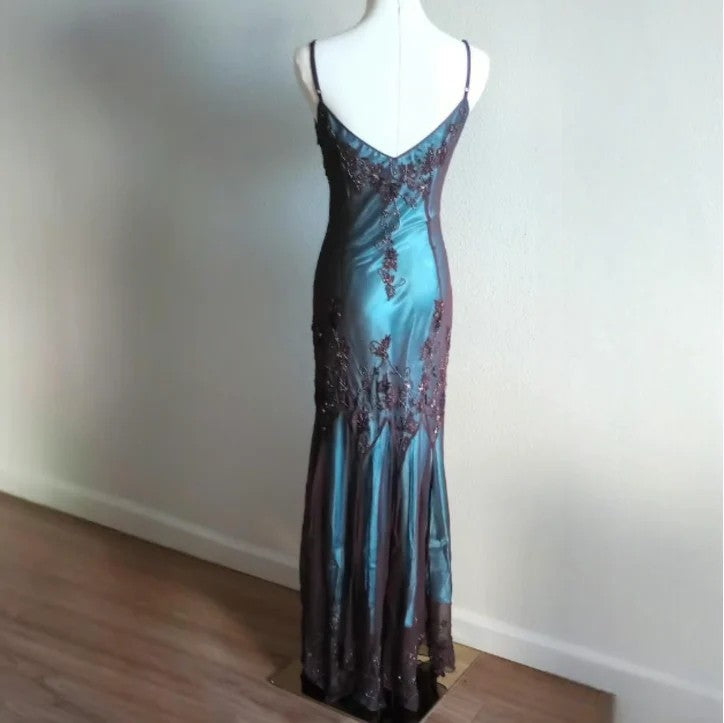 Blue Satin Brown Chiffon Spaghetti Straps Beaded Backless Long Prom Dress