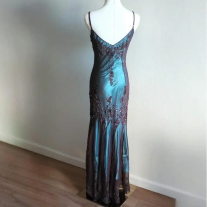 Blue Satin Brown Chiffon Spaghetti Straps Beaded Backless Long Prom Dress