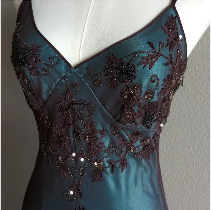 Blue Satin Brown Chiffon Spaghetti Straps Beaded Backless Long Prom Dress