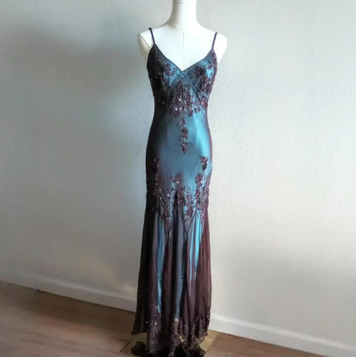 Blue Satin Brown Chiffon Spaghetti Straps Beaded Backless Long Prom Dress