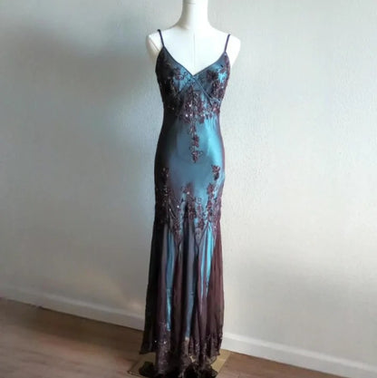Blue Satin Brown Chiffon Spaghetti Straps Beaded Backless Long Prom Dress