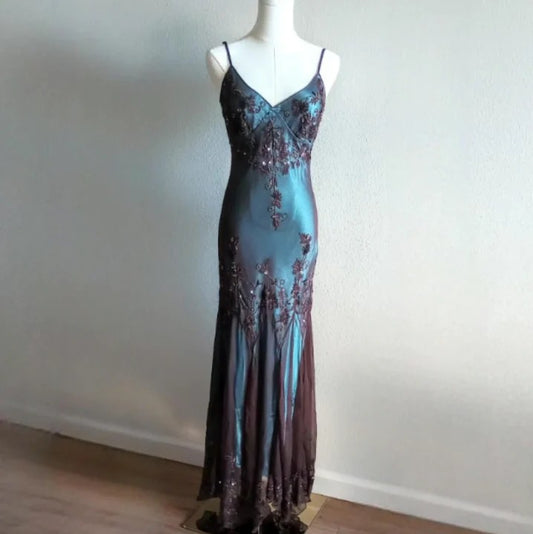 Blue Satin Brown Chiffon Spaghetti Straps Beaded Backless Long Prom Dress