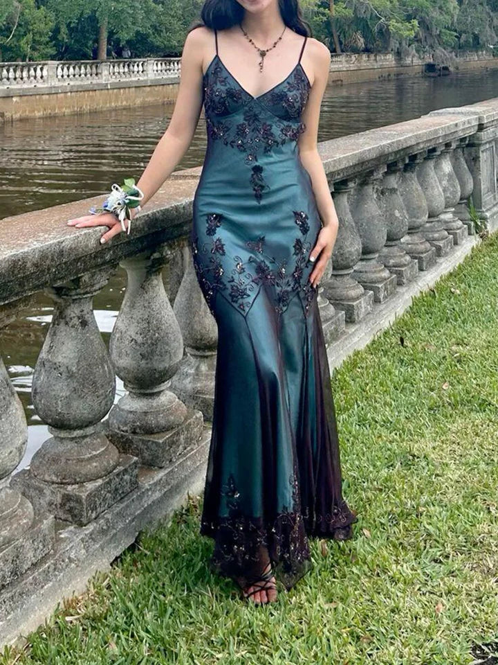 Modest vintage Prom Dress Spaghetti Straps  Blue 🩵Chiffon Sheath Evening Dress with Beading 