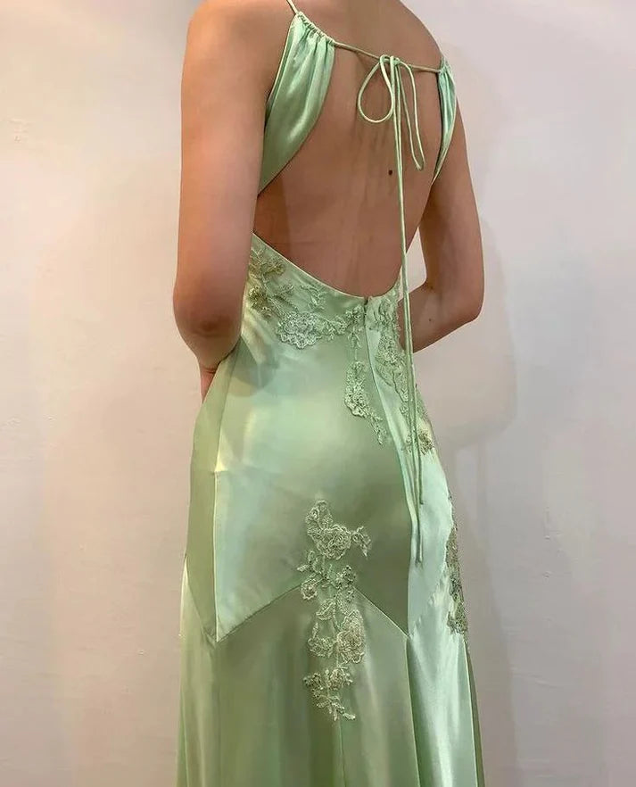 Schickes A-Linie Satin Spaghettiträger Grün Vintage Rückenfreies Langes Ballkleid ED01470