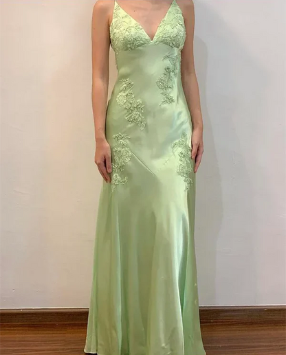 Schickes A-Linie Satin Spaghettiträger Grün Vintage Rückenfreies Langes Ballkleid ED01470