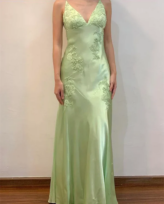 Chic A-Line Satin Spaghetti Straps Green Vintage  Backless Long Prom Dresses  ED01470
