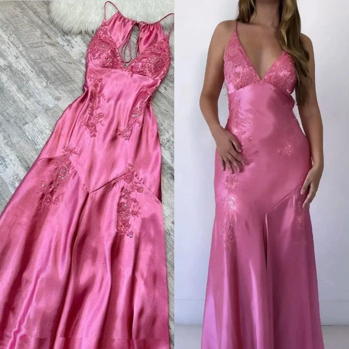 Schickes A-Linie Satin Spaghettiträger Grün Vintage Rückenfreies Langes Ballkleid ED01470