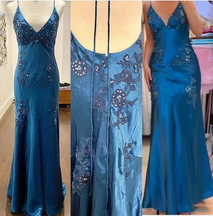 Schickes A-Linie Satin Spaghettiträger Grün Vintage Rückenfreies Langes Ballkleid ED01470