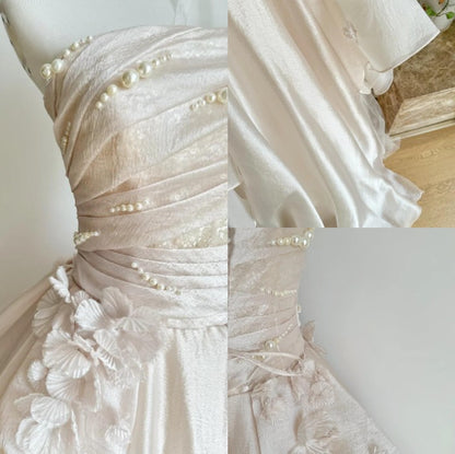Robe de bal longue en satin et tulle rose doux, coupe trapèze, sans bretelles, avec appliques, ED01476