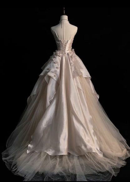 Robe de bal longue en satin et tulle rose doux, coupe trapèze, sans bretelles, avec appliques, ED01476