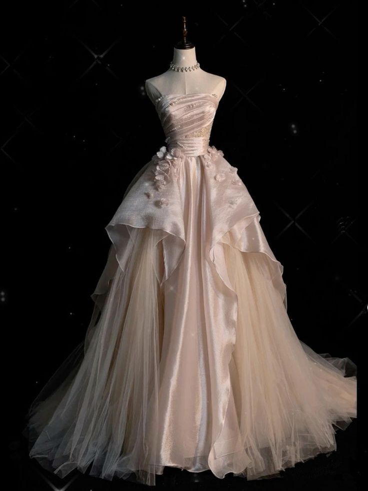 A-Line Strapless Pink Tulle Long Prom Dresses with Appliques main image 1