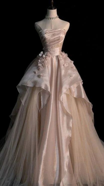 Robe de bal longue en satin et tulle rose doux, coupe trapèze, sans bretelles, avec appliques, ED01476