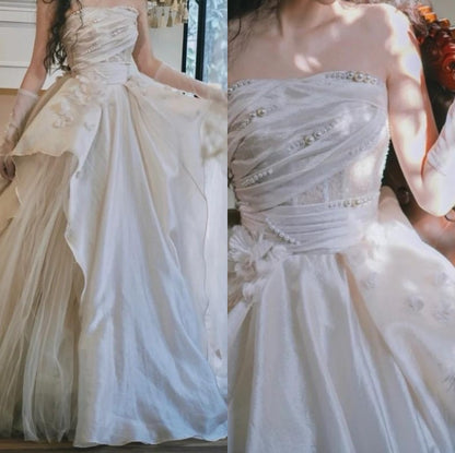Robe de bal longue en satin et tulle rose doux, coupe trapèze, sans bretelles, avec appliques, ED01476