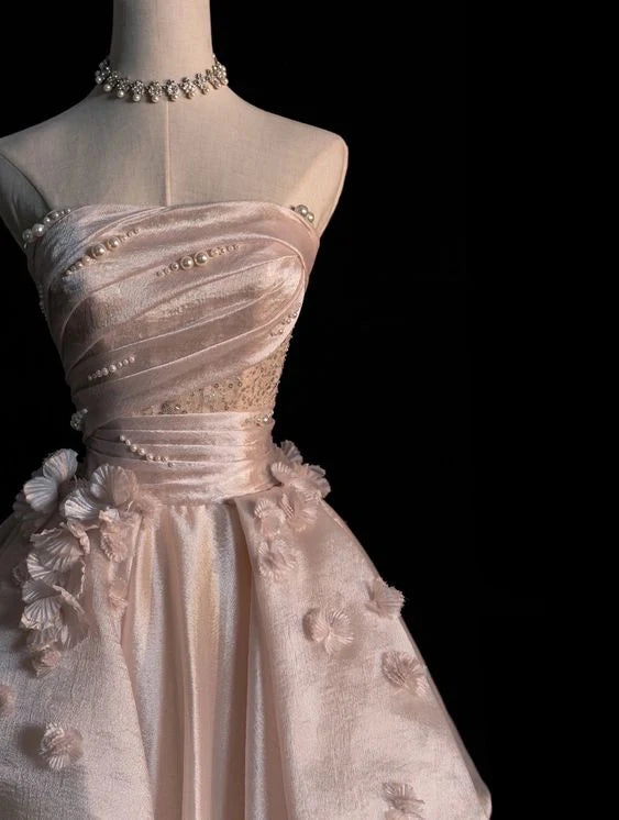 Robe de bal longue en satin et tulle rose doux, coupe trapèze, sans bretelles, avec appliques, ED01476