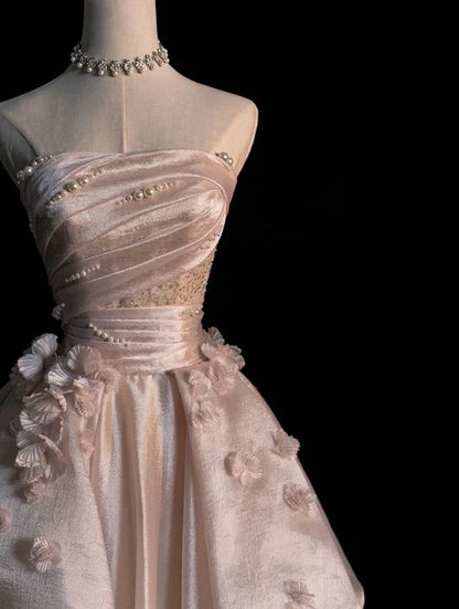 Robe de bal longue en satin et tulle rose doux, coupe trapèze, sans bretelles, avec appliques, ED01476