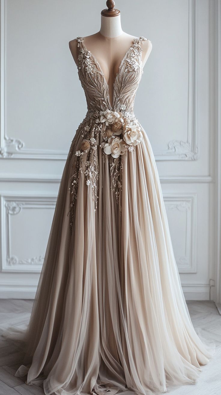 A-line Deep V Neck Tulle Applique Long Evening Gown Bridesmaid Dress ED01478