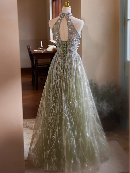 Green A-line Halterneck Tulle Sequins Long Prom Dress, Beaded Evening Dress ED01481