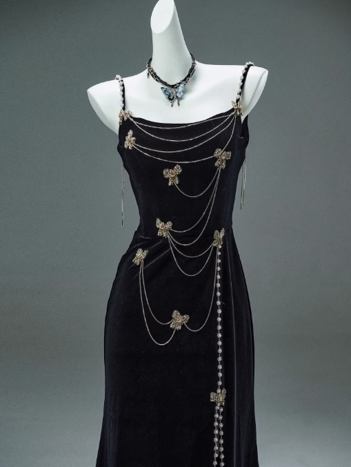 Robe de bal longue noire sirène à bretelles spaghetti en velours et perles, élégante robe de soirée ED01482