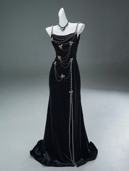 Robe de bal longue noire sirène à bretelles spaghetti en velours et perles, élégante robe de soirée ED01482