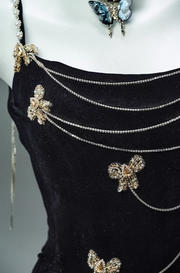 Robe de bal longue noire sirène à bretelles spaghetti en velours et perles, élégante robe de soirée ED01482