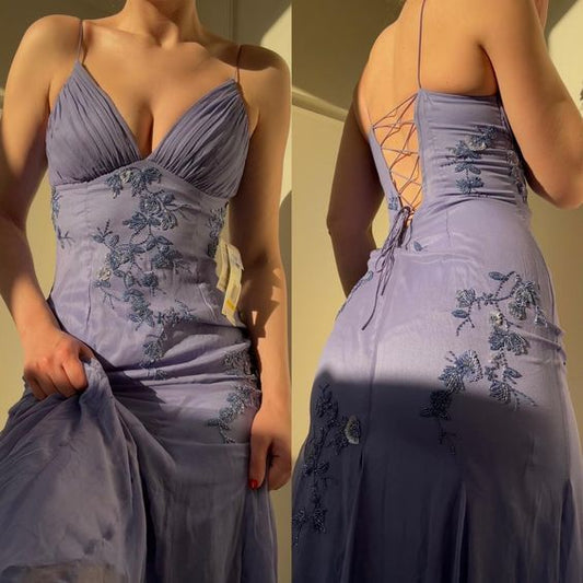 Pretty Spaghetti Straps V-neck Beaded Backless Prom Dresses Party Dresses ED01485