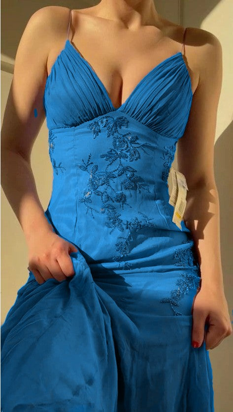 Pretty Spaghetti Straps V-neck Beaded Backless Prom Dresses Party Dres –  EvaFashionDress