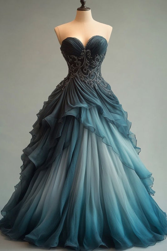 A-line Sweetheart Neck Tulle Beaded Long Prom Dress Elegant Quinceañera Dress ED01487