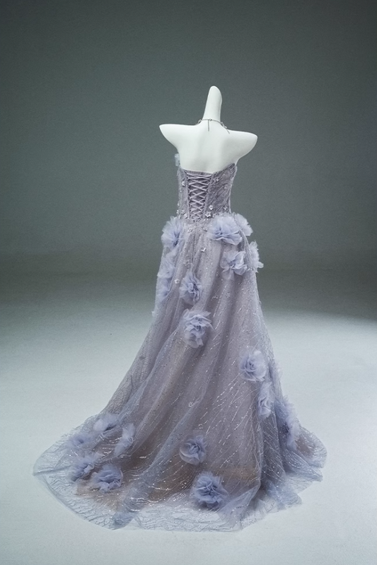 Robe de bal longue violet clair en tulle à paillettes, épaules dénudées, coupe trapèze, avec appliqués et perles ED01488