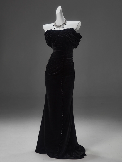Black Mermaid Off-the-shoulder Velvet Long Prom Dress, Elegant Quinceanera Dress ED01490