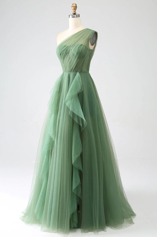 Robe de bal longue en tulle vert foncé, coupe trapèze, asymétrique, paillettes, ED01492