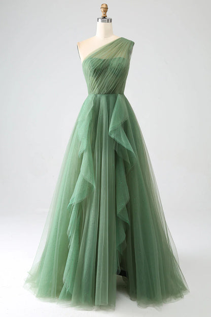 Robe de bal longue en tulle vert foncé, coupe trapèze, asymétrique, paillettes, ED01492