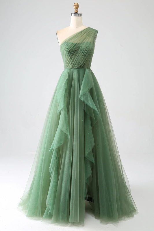 Robe de bal longue en tulle vert foncé, coupe trapèze, asymétrique, paillettes, ED01492