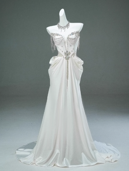 Weißes Satin A-Linie Sweetheart Perlen Langes Ballkleid, Elegantes Abschlussballkleid für Erwachsene ED01493