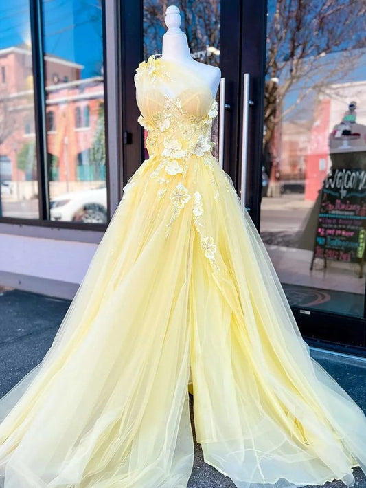 Robe de bal longue jaune clair, coupe trapèze, asymétrique, en tulle, avec appliques 3D et perles, avec fente ED01495