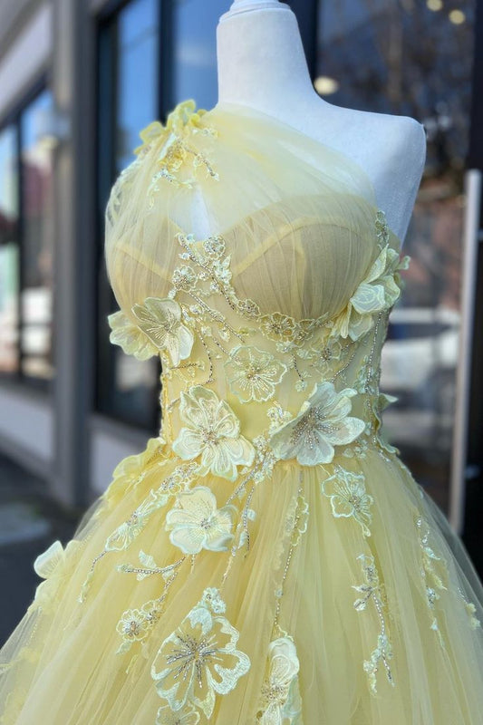 Robe de bal longue jaune clair, coupe trapèze, asymétrique, en tulle, avec appliques 3D et perles, avec fente ED01495