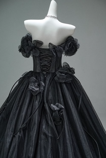Robe de bal longue noire en tulle à épaules dénudées et appliques 3D, robe de cérémonie pour adultes, ED01498