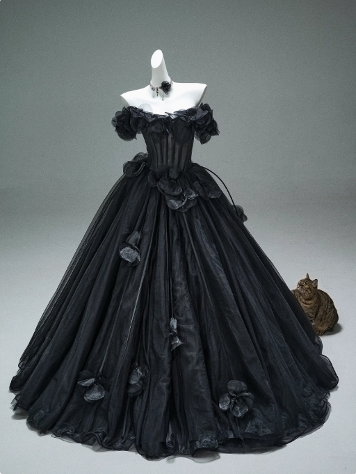 Robe de bal longue noire en tulle à épaules dénudées et appliques 3D, robe de cérémonie pour adultes, ED01498