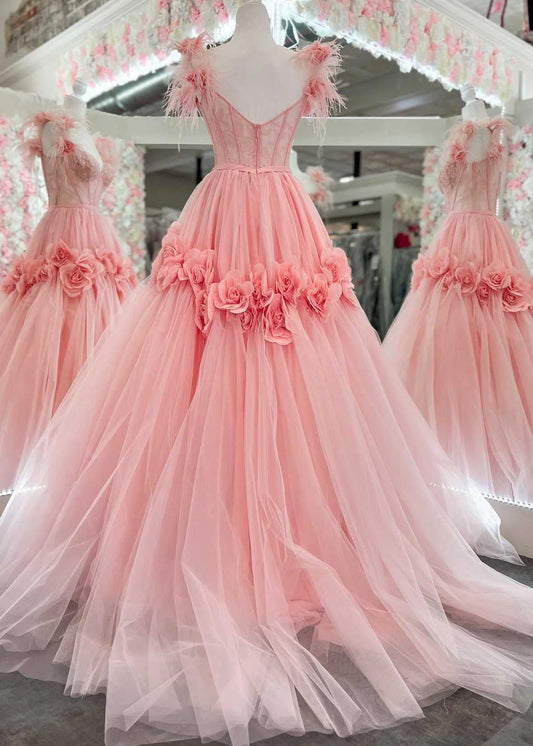Robe de bal longue rose trapèze en tulle et dentelle, épaules dénudées, robe Sweet 16 ED01500