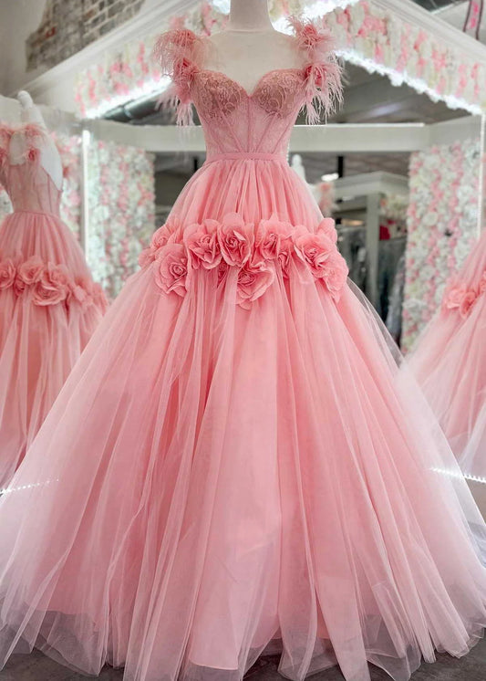 Robe de bal longue rose trapèze en tulle et dentelle, épaules dénudées, robe Sweet 16 ED01500