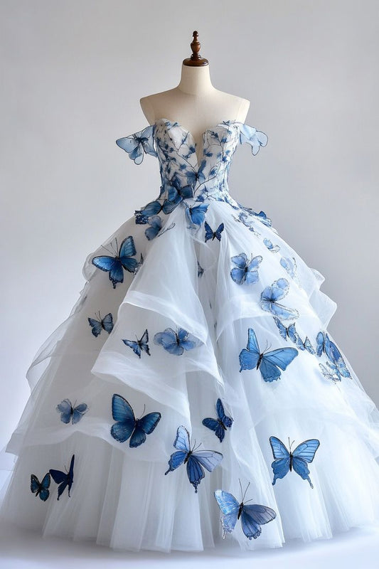 White A-Line Fairytale Tulle  Long Prom Dress with 3D Butterfly🦋Off-the-shoulder Evening Gown for Birthday&Quinceanera