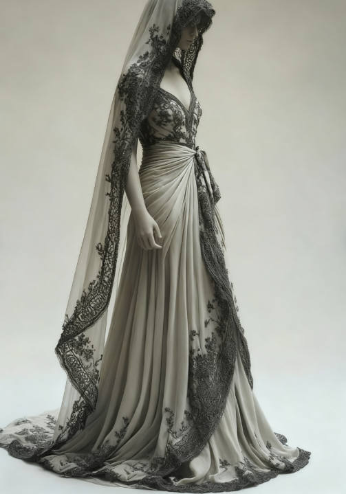 Vintage A-Line V-neck Lace Appliqué Long Prom Dress with Veil Wedding Dress ED01503