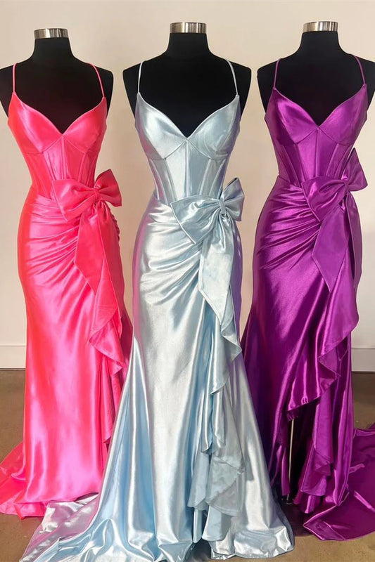 Robe de bal sirène en satin à bretelles spaghetti et col en V avec nœud ED01506